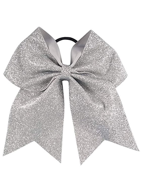 Glitter Cheer Bows - Cheerleading Softball Gifts for Girls and Women Team Bow with Ponytail Holder Complete your Cheerleader Outfit Uniform Strong Hair Ties Bands Elastics by (1) (Silver)