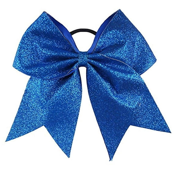 Glitter Cheer Bows - Cheerleading Softball Gifts for Girls and Women Team Bow with Ponytail Holder Complete your Cheerleader Outfit Uniform Strong Hair Ties Bands Elastics by (1) (Blue)