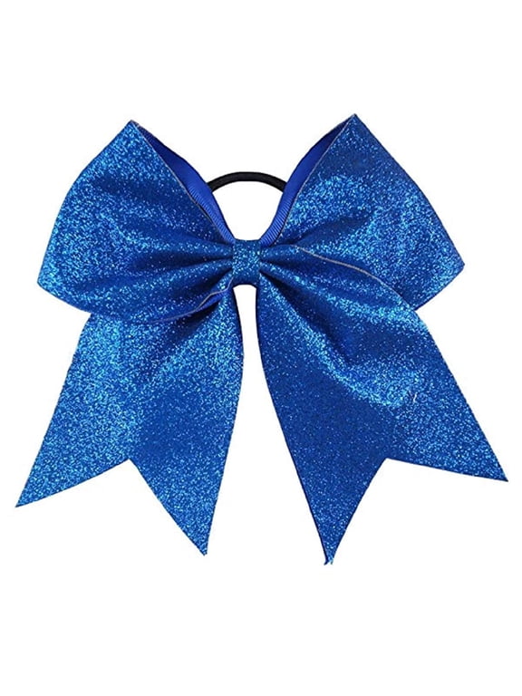 Glitter Cheer Bows - Cheerleading Softball Gifts for Girls and Women Team Bow with Ponytail Holder Complete your Cheerleader Outfit Uniform Strong Hair Ties Bands Elastics by (1) (Blue)