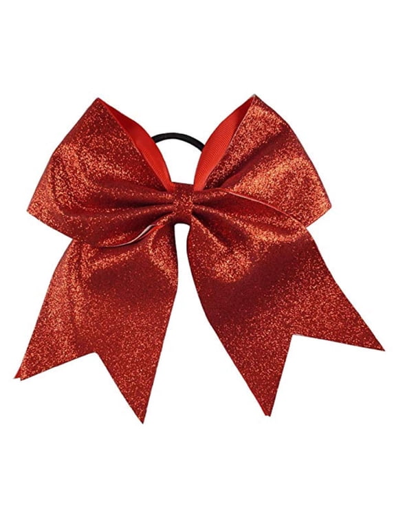 Glitter Cheer Bows - Cheerleading Softball Gifts for Girls and Women Team Bow with Ponytail Holder Complete your Cheerleader Outfit Uniform Strong Hair Ties Bands Elastics by (1) (Red)
