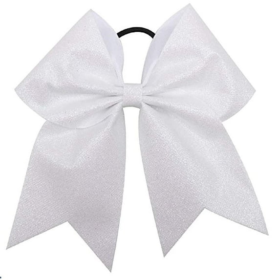 Glitter Cheer Bows - Cheerleading Softball Gifts for Girls and Women Team Bow with Ponytail Holder Complete your Cheerleader Outfit Uniform Strong Hair Ties Bands Elastics by (1) (White)