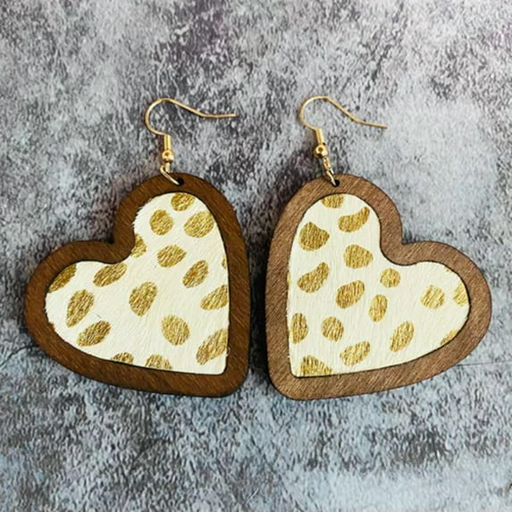 Glitter Cheetah Leopard Hairy Genuine Leather Heart Bezel Wood Women Earrings