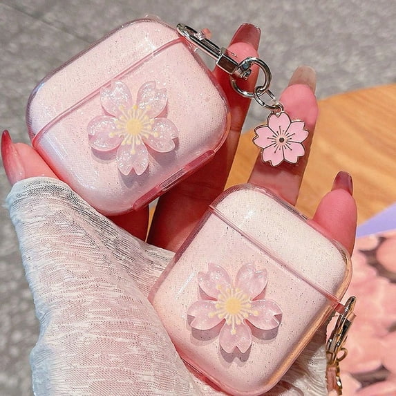 Glitter Cherry Blossom Pendant for Apple AirPods Pro 1/2/3 Generation Wireless Bluetooth Headset Cover Transparent Glitter (Pink,For Airpods 3 )