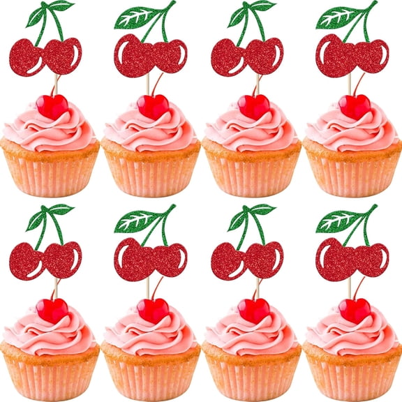 Glitter Cherry Cupcake Toppers, Red and Green, Fruit Theme Party Picks, 12 Pack