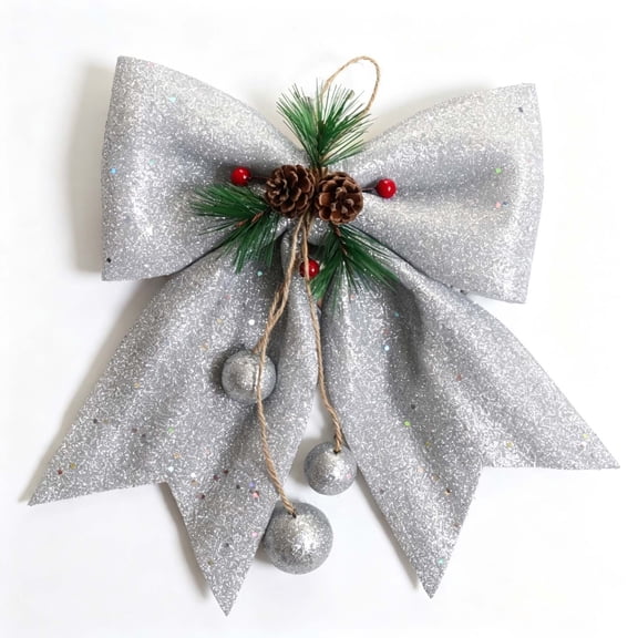Glitter Christmas Bow Large Silver with Berries Tied Decorative Ornament Tree Wreath Decor