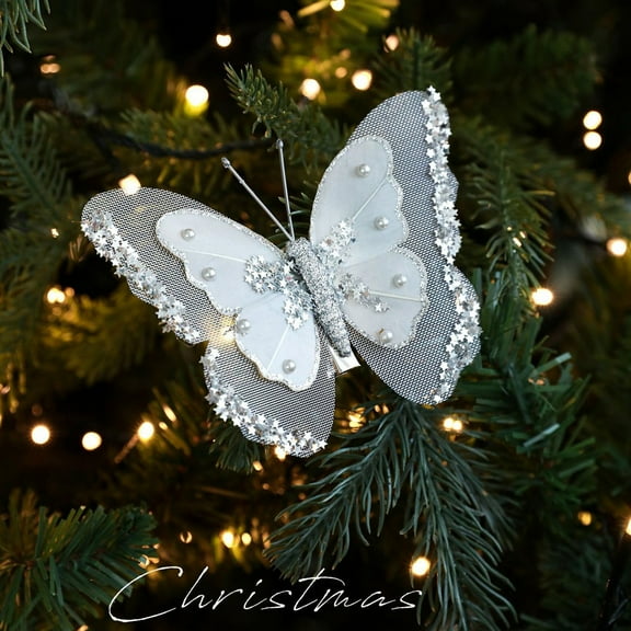 Glitter Christmas Butterfly Ornaments - Pack of 3 Handmade Mesh Butterflies with Clips for Tree Decor, DIY Crafting, and Holiday Party Supplies