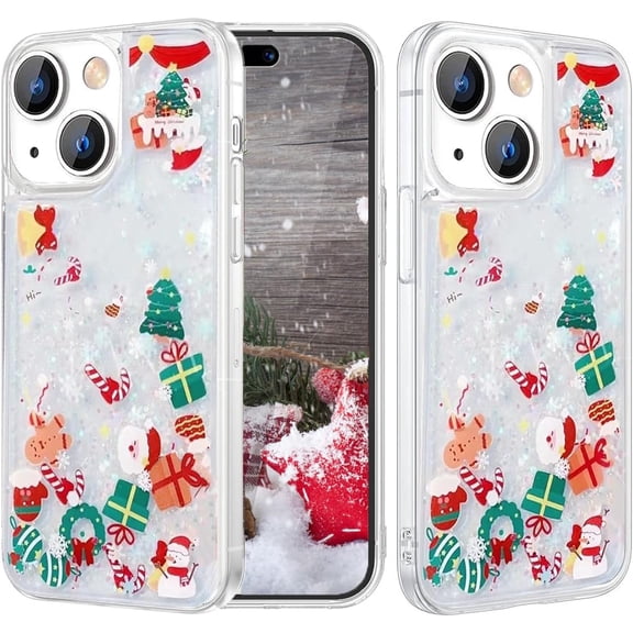 Glitter Christmas Case for iPhone 15, Cute Merry Christmas Liquid Flowing Moving Xmas Gift Santa Tree Snowman Pattern Bling Sparkle Slim Women Girls Protective Case for iPhone 15 6.1" (Clear)