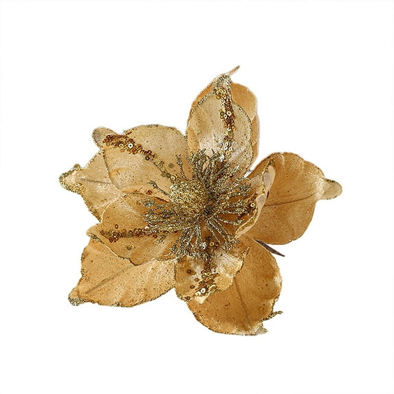 Glitter Christmas Flowers - Large Artificial Magnolia Poinsettia with Velvet Fold, Xmas Tree Flower Decorations for New Year Party Wedding Holiday Ornaments