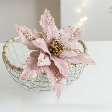 Glitter Christmas Flowers Large Velvet Magnolia Artificial Floral Ornaments Pack of Folded Flower for Christmas Tree Decoration Wreath Decor Wedding Centerpiece