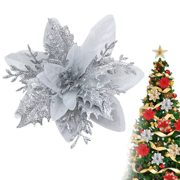 Glitter Christmas Flowers Poinsettia Artificial Flower Christmas Wreath Christmas Tree Ornaments Artificial Flower Decorating Wreath Garland, Great for Wedding Holiday and Home Decor