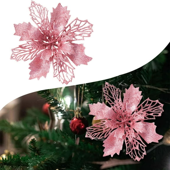 Glitter Christmas Flowers Poinsettia Artificial Flower Christmas Wreath Christmas Tree Ornaments Artificial Flower Decorating Wreath Garland, Great for Wedding Holiday and Home Decor