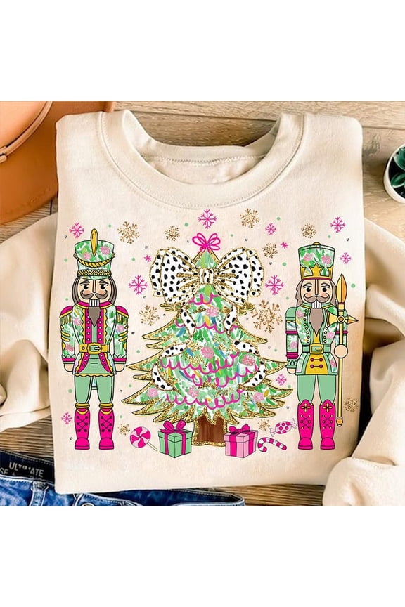 Glitter Christmas Nutcracker Tree Sweater, Pink Green Floral Coquette Brushstroke Sweatshirt