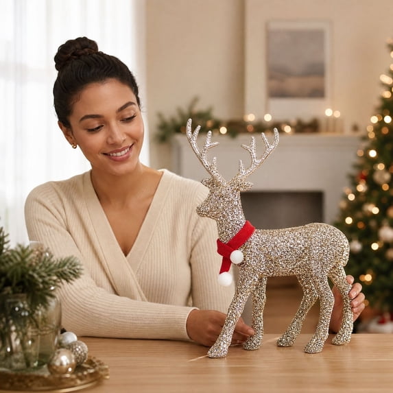 Glitter Christmas Reindeer Figurine, Golden Sparkly Standing Deer Statue with Red Scarf, Tabletop Holiday Ornament for Mantel Shelf Window Home Xmas Decor