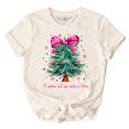 thumbnail image 1 of Glitter Christmas Tree Coquette Bow T‑Shirt, O Come Let Us Adore Him Holiday Tee, 1 of 11