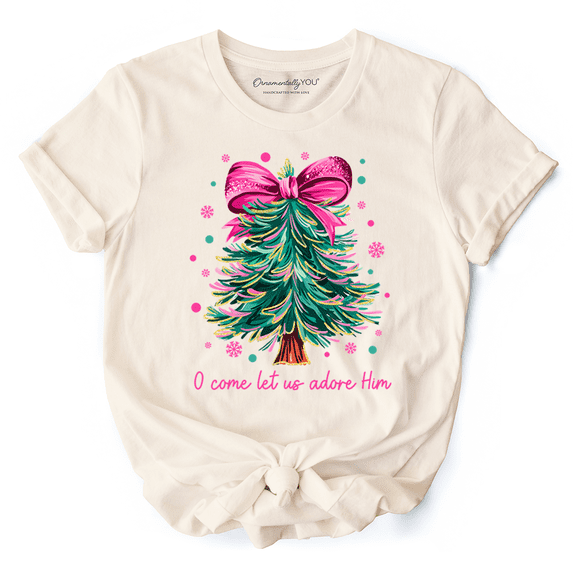 Glitter Christmas Tree Coquette Bow T‑Shirt, O Come Let Us Adore Him Holiday Tee