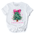 thumbnail image 1 of Glitter Christmas Tree Coquette Bow T‑Shirt, O Come Let Us Adore Him Holiday Tee, 1 of 11
