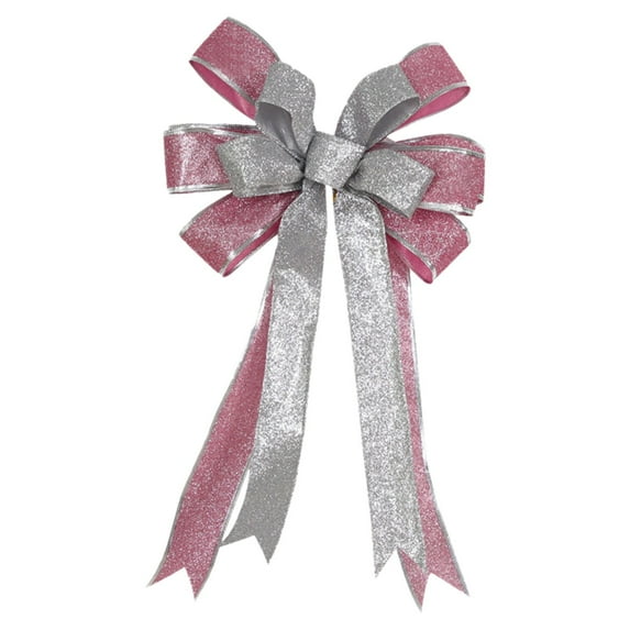 Glitter Christmas Tree Topper Bows,16.1"x9.4", Large Glitter Christmas Wreath Bows, Xmas Ornaments with Long Streamer Wired Edge Ribbon for Farmhouse Christmas Decoration Outdoor Indoor