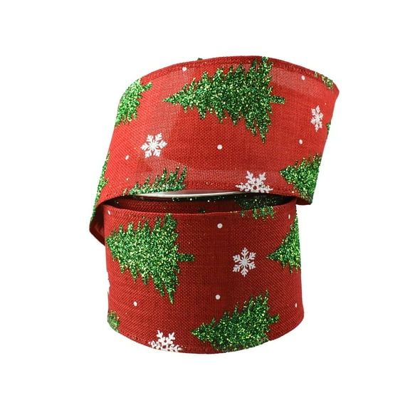 Glitter Christmas Tree and Snowflake Wired Ribbon, 2-1/2-Inch, 10-Yard - Red