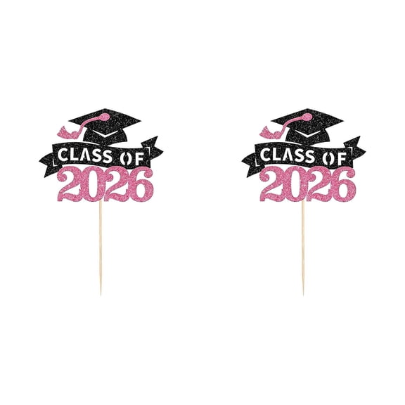 Glitter Class Of 2026 Graduation Cake Topper, 14cm Grad Cap & Banner Cake Pick for Graduation Cake Decor, 2026 Grad Party Supplies, Dessert Table Centerpiece,2pc