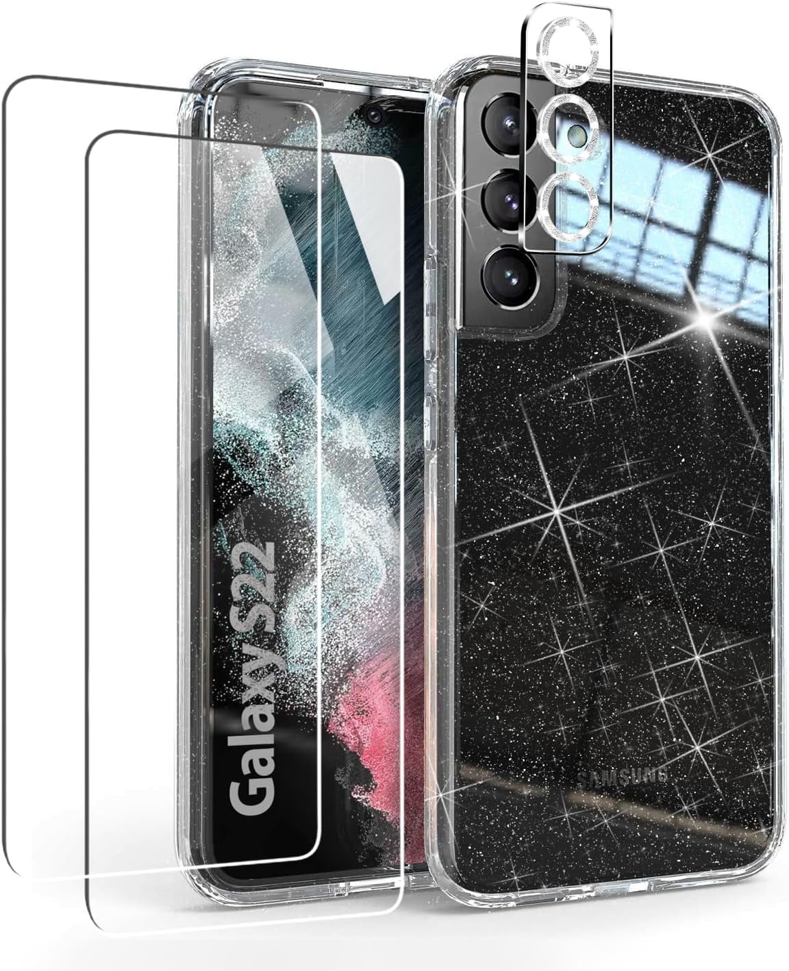 Glitter Clear Case for Samsung Galaxy S22 5G with Diamond Sparkle Camera Lens Protector and 2 Packs Tempered Glass Screen Protector, Sparkly Shockproof Protective Girls Cover (for Samsung S22)
