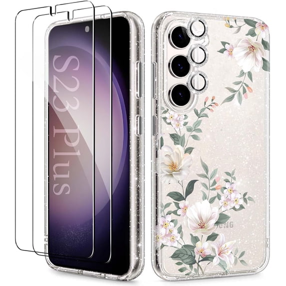 Glitter Clear Case for Samsung Galaxy S23 Plus with White Flowers Design + Diamond Sparkle Camera Lens Protector + 2 Packs Tempered Glass Screen Protector, Shockproof Cover (for Samsung S23+)