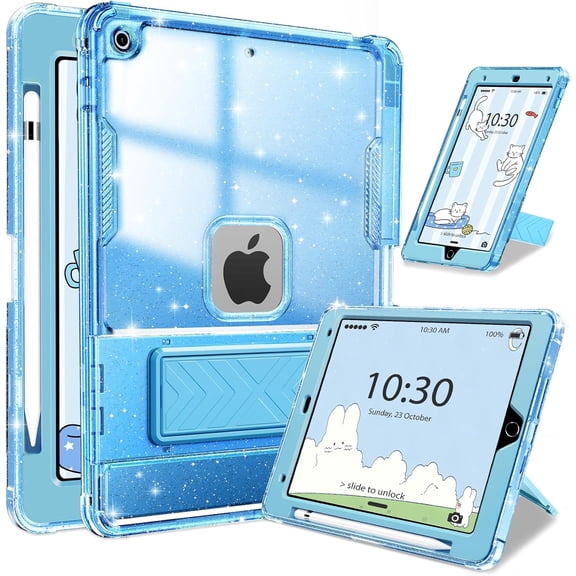 Glitter Clear Case for iPad 7/8/9 10.2", Stand Pencil Holder Shockproof Cover Sky Blue