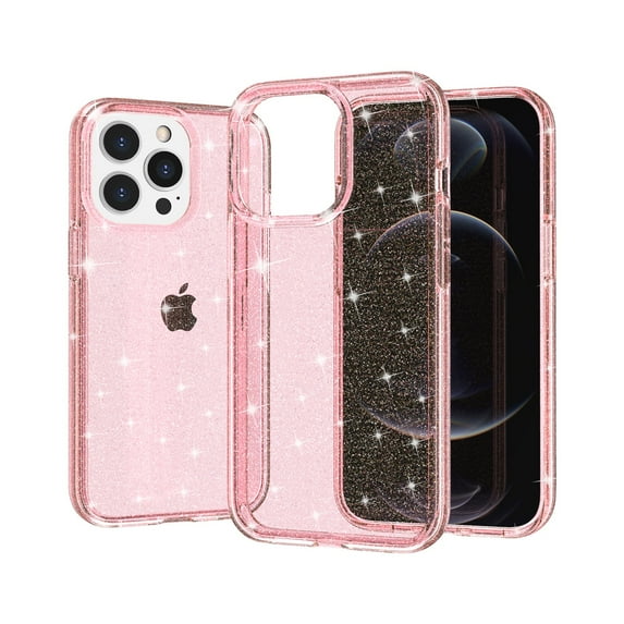 Glitter Clear Case for iPhone 14 Pro, Shining Sparkle Bling Military Grade Soft TPU Anti-Scratch Shockproof Cover Full Coverage Non-Yellowing Non-Slip Translucent Slim Lightweight Case, Pink