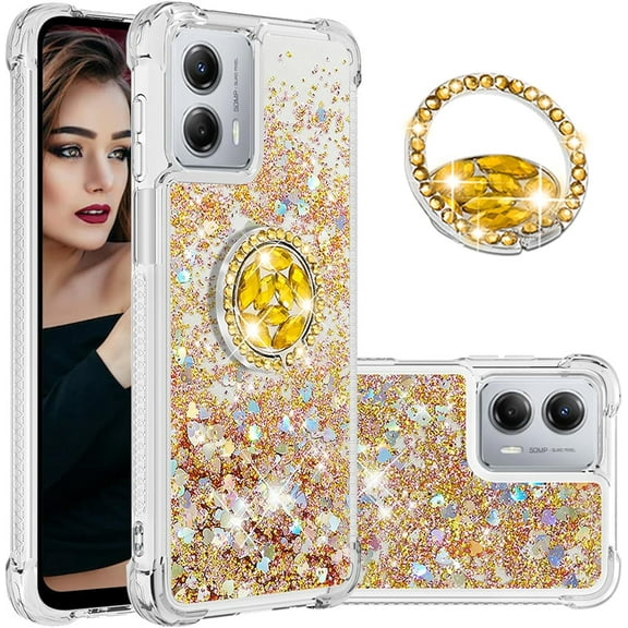 Glitter Clear Sparkly Bling Case for Motorola Moto G 5G (2023), Flowing Liquid Quicksand Cover with Diamond Ring Holder Case for Motorola Moto G 5G (2023) Gold