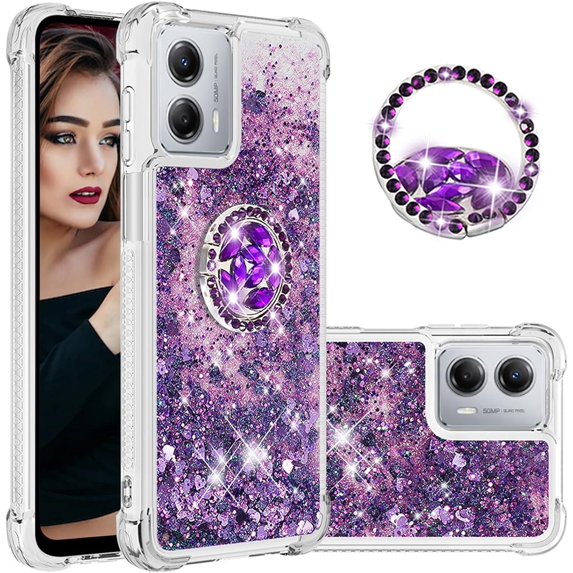 Glitter Clear Sparkly Bling Case for Motorola Moto G 5G (2023), Flowing Liquid Quicksand Cover with Diamond Ring Holder Case for Motorola Moto G 5G (2023) Purple