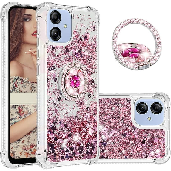 Glitter Clear Sparkly Bling Case for Samsung Galaxy A04E for Women Girls, Flowing Liquid Quicksand Cover with Diamond Ring Holder Case for Samsung Galaxy F04 /M04 /A04E Rose Gold