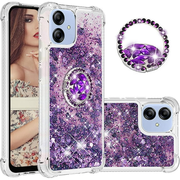 Glitter Clear Sparkly Bling Case for Samsung Galaxy A04E for Women Girls, Flowing Liquid Quicksand Cover with Diamond Ring Holder Case for Samsung Galaxy F04 /M04 /A04E Purple