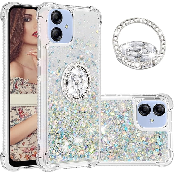 Glitter Clear Sparkly Bling Case for Samsung Galaxy A04E for Women Girls, Flowing Liquid Quicksand Cover with Diamond Ring Holder Case for Samsung Galaxy F04 /M04 /A04E Silver