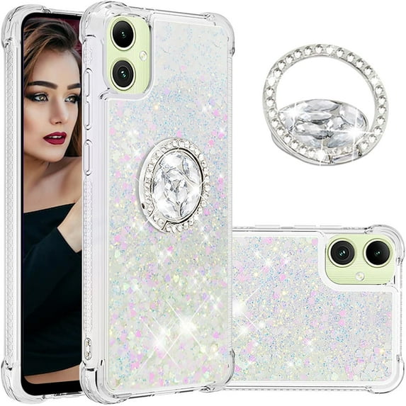 Glitter Clear Sparkly Bling Case for Samsung Galaxy A05, Flowing Liquid Quicksand Cover with Diamond Ring Holder Case for Samsung Galaxy A05 Colorful