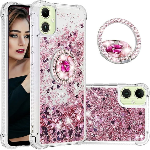 Glitter Clear Sparkly Bling Case for Samsung Galaxy A05, Flowing Liquid Quicksand Cover with Diamond Ring Holder Case for Samsung Galaxy A05 Rose Gold