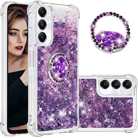 Glitter Clear Sparkly Bling Case for Samsung Galaxy A05s, Flowing Liquid Quicksand Cover with Diamond Ring Holder Case for Samsung Galaxy A05s Purple