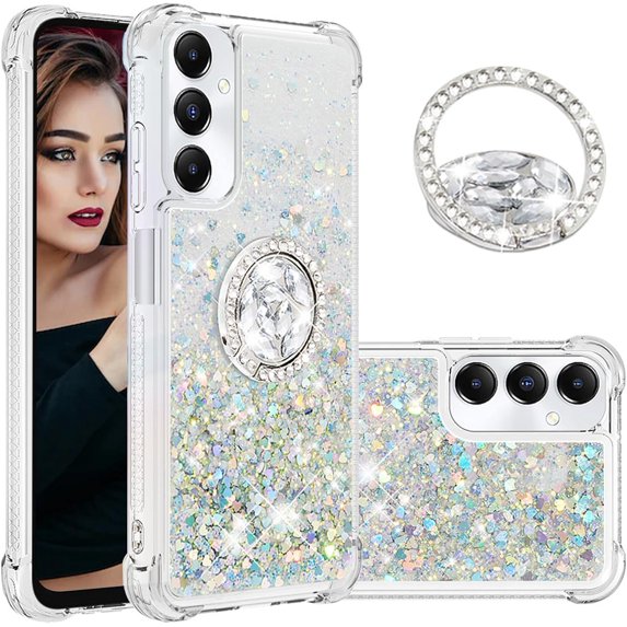 Glitter Clear Sparkly Bling Case for Samsung Galaxy A05s, Flowing Liquid Quicksand Cover with Diamond Ring Holder Case for Samsung Galaxy A05s Silver