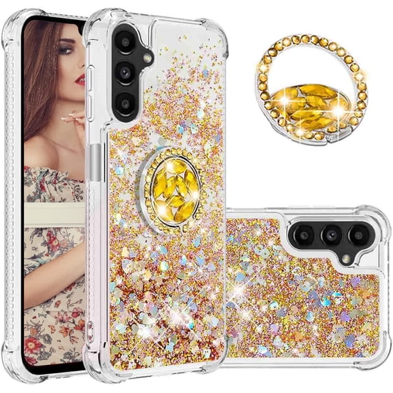 Glitter Clear Sparkly Bling Case for Samsung Galaxy A14 5G for Women Girls, Flowing Liquid Quicksand Cover with Diamond Ring Holder Case for Samsung Galaxy A14 4G/5G Gold