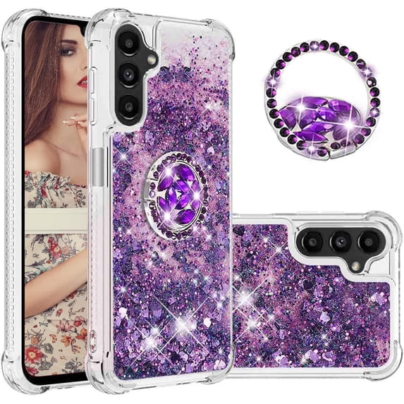 Glitter Clear Sparkly Bling Case for Samsung Galaxy A14 5G for Women Girls, Flowing Liquid Quicksand Cover with Diamond Ring Holder Case for Samsung Galaxy A14 4G/5G Purple