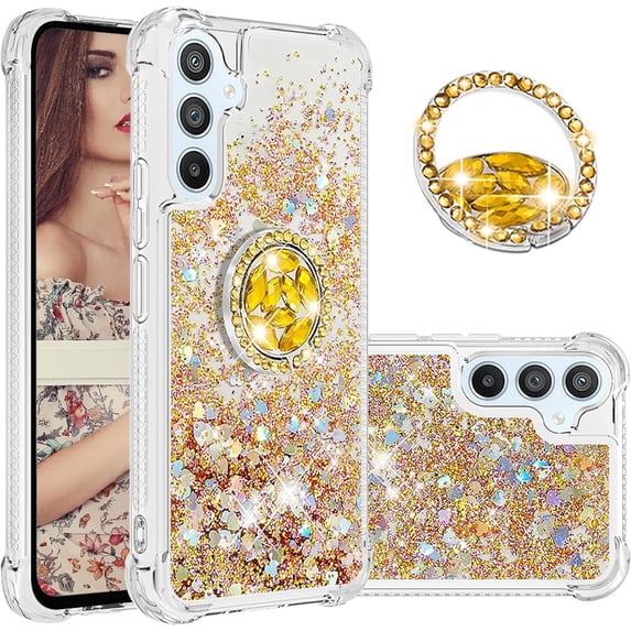 Glitter Clear Sparkly Bling Case for Samsung Galaxy A34 5G for Women Girls, Flowing Liquid Quicksand Cover with Diamond Ring Holder Case for Samsung Galaxy A34 5G Gold