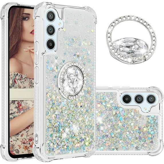 Glitter Clear Sparkly Bling Case for Samsung Galaxy A34 5G for Women Girls, Flowing Liquid Quicksand Cover with Diamond Ring Holder Case for Samsung Galaxy A34 5G Silver