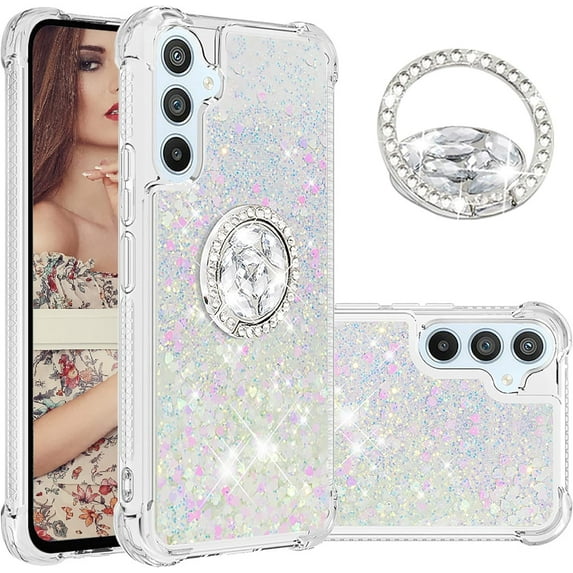 Glitter Clear Sparkly Bling Case for Samsung Galaxy A54 5G for Women Girls, Flowing Liquid Quicksand Cover with Diamond Ring Holder Case for Samsung Galaxy A54 5G Colorful