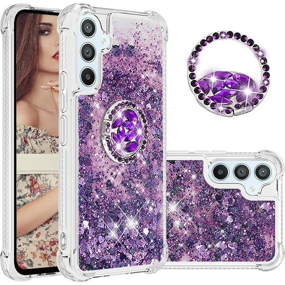 Glitter Clear Sparkly Bling Case for Samsung Galaxy A54 5G for Women Girls, Flowing Liquid Quicksand Cover with Diamond Ring Holder Case for Samsung Galaxy A54 5G Purple