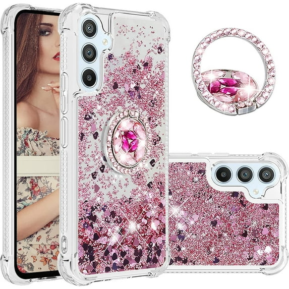 Glitter Clear Sparkly Bling Case for Samsung Galaxy A54 5G for Women Girls, Flowing Liquid Quicksand Cover with Diamond Ring Holder Case for Samsung Galaxy A54 5G Rose Gold