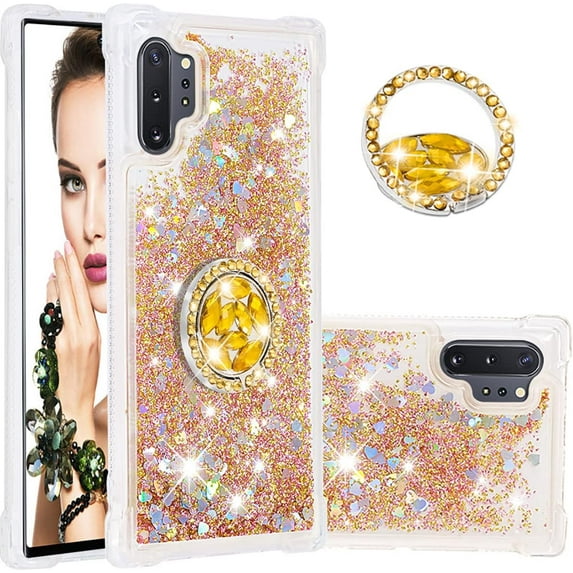 Glitter Clear Sparkly Bling Case for Samsung Galaxy Note 10+ Plus, Rugged Shockproof Flowing Liquid Floating Cover Women with Ring Holder Case for Samsung Galaxy Note 10 Plus Gold