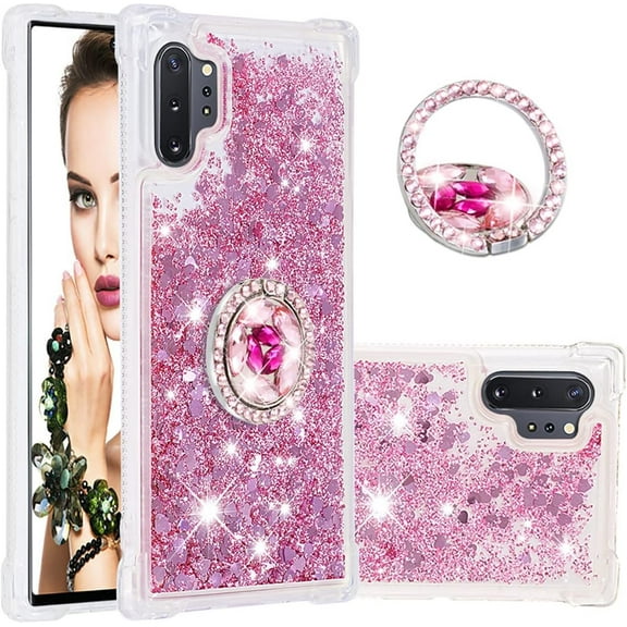 Glitter Clear Sparkly Bling Case for Samsung Galaxy Note 10+ Plus, Rugged Shockproof Flowing Liquid Floating Cover Women with Ring Holder Case for Samsung Galaxy Note 10 Plus Rose Gold