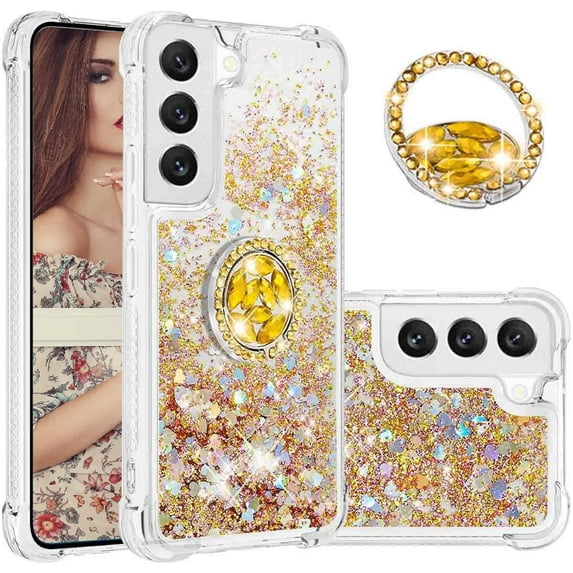 Glitter Clear Sparkly Bling Case for Samsung Galaxy S23 5G for Women Girls, Flowing Liquid Quicksand Cover with Diamond Ring Holder Case for Samsung Galaxy S23 5G Gold