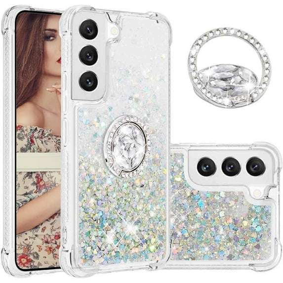 Glitter Clear Sparkly Bling Case for Samsung Galaxy S23 5G for Women Girls, Flowing Liquid Quicksand Cover with Diamond Ring Holder Case for Samsung Galaxy S23 5G Silver