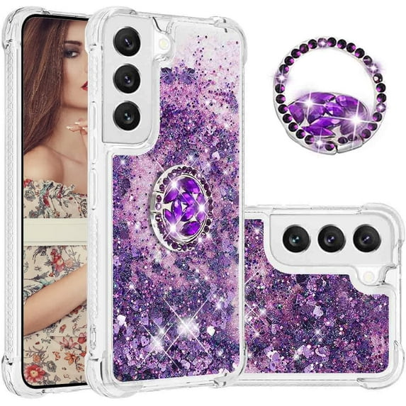 Glitter Clear Sparkly Bling Case for Samsung Galaxy S23+ Plus (Not S23) for Women Girls, Flowing Liquid Quicksand Cover with Diamond Ring Holder Case for Samsung Galaxy S23 Plus Purple