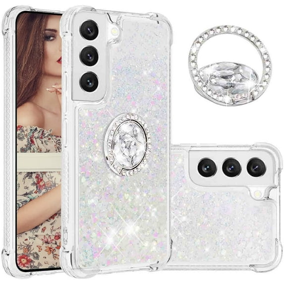 Glitter Clear Sparkly Bling Case for Samsung Galaxy S23+ Plus (Not S23) for Women Girls, Flowing Liquid Quicksand Cover with Diamond Ring Holder Case for Samsung Galaxy S23 Plus Colorful