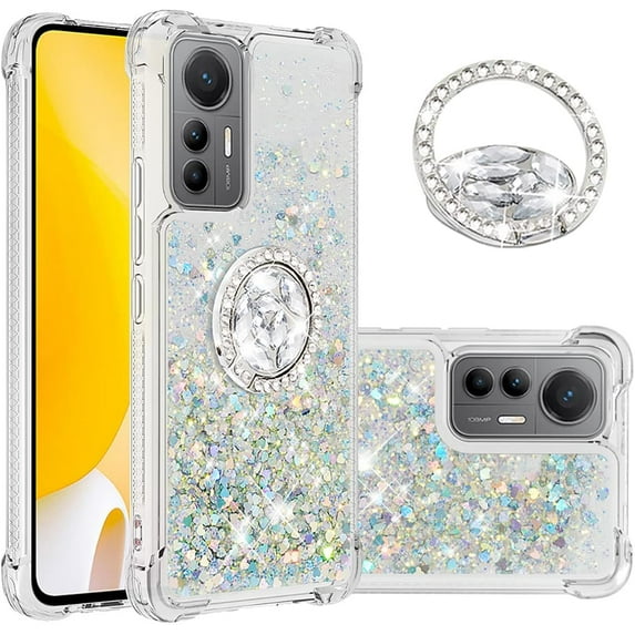 Glitter Clear Sparkly Bling Case for Xiaomi 12 Lite, Rugged Shockproof Flowing Liquid Floating Cover for Women with Ring Holder Phone Case for Xiaomi 12 Lite Silver